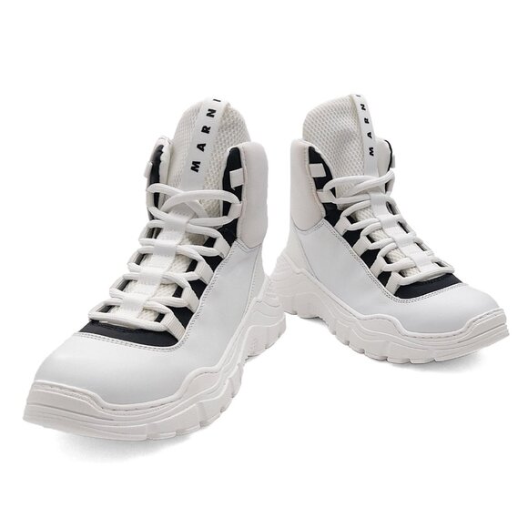 Marni White High-Top Leather Kids Sneakers with Lace-Up and